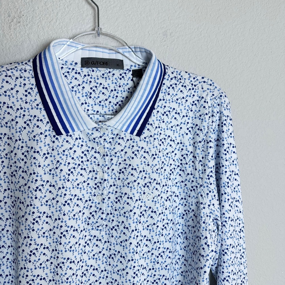G/FORE Womens Floral Long Sleeve Golf Polo Shirt Blue White GLP000017 XL NEW